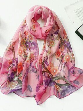 Pink Blossom Fashion Scarf Women's Chiffon Printed Soft Fashion Wrap 63 x 19 in